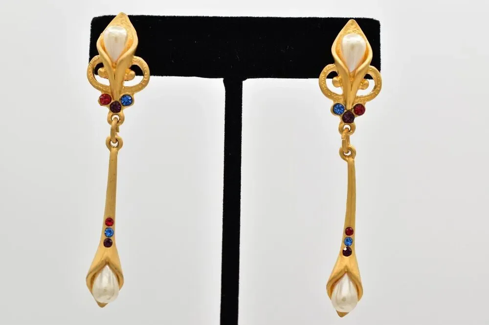 Vintage Pearl Crystal Dangle Earrings Drop Brushed Gold Matte NOS 1980s BinBK